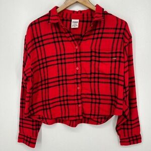 Victoria's Secret‎ Pajama Top Women's M Red Plaid Print Cropped Oversized